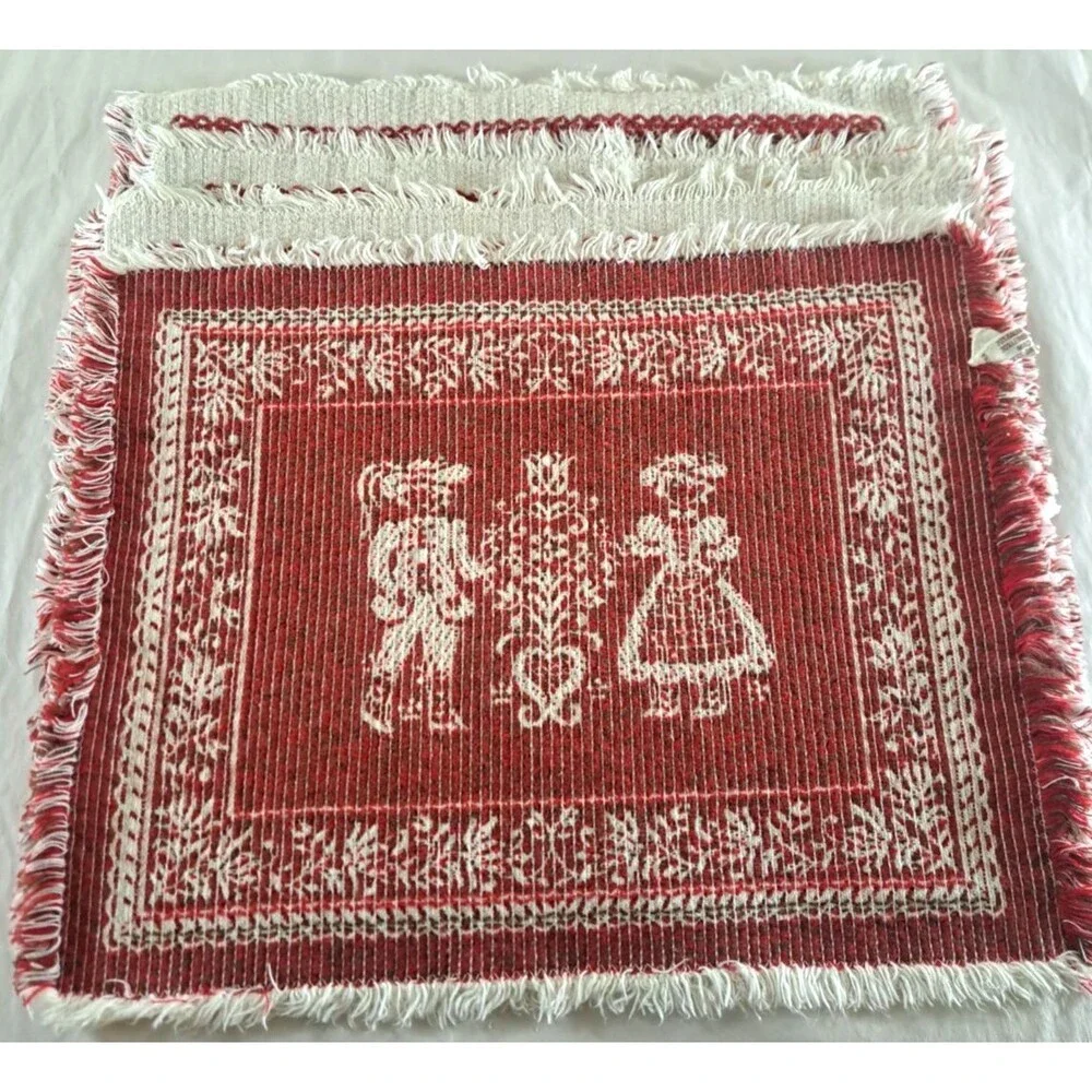 Woven Folk Art Placemats Austria Set of 4 Fringe Cotton Linen 13x15 Oktoberfest
